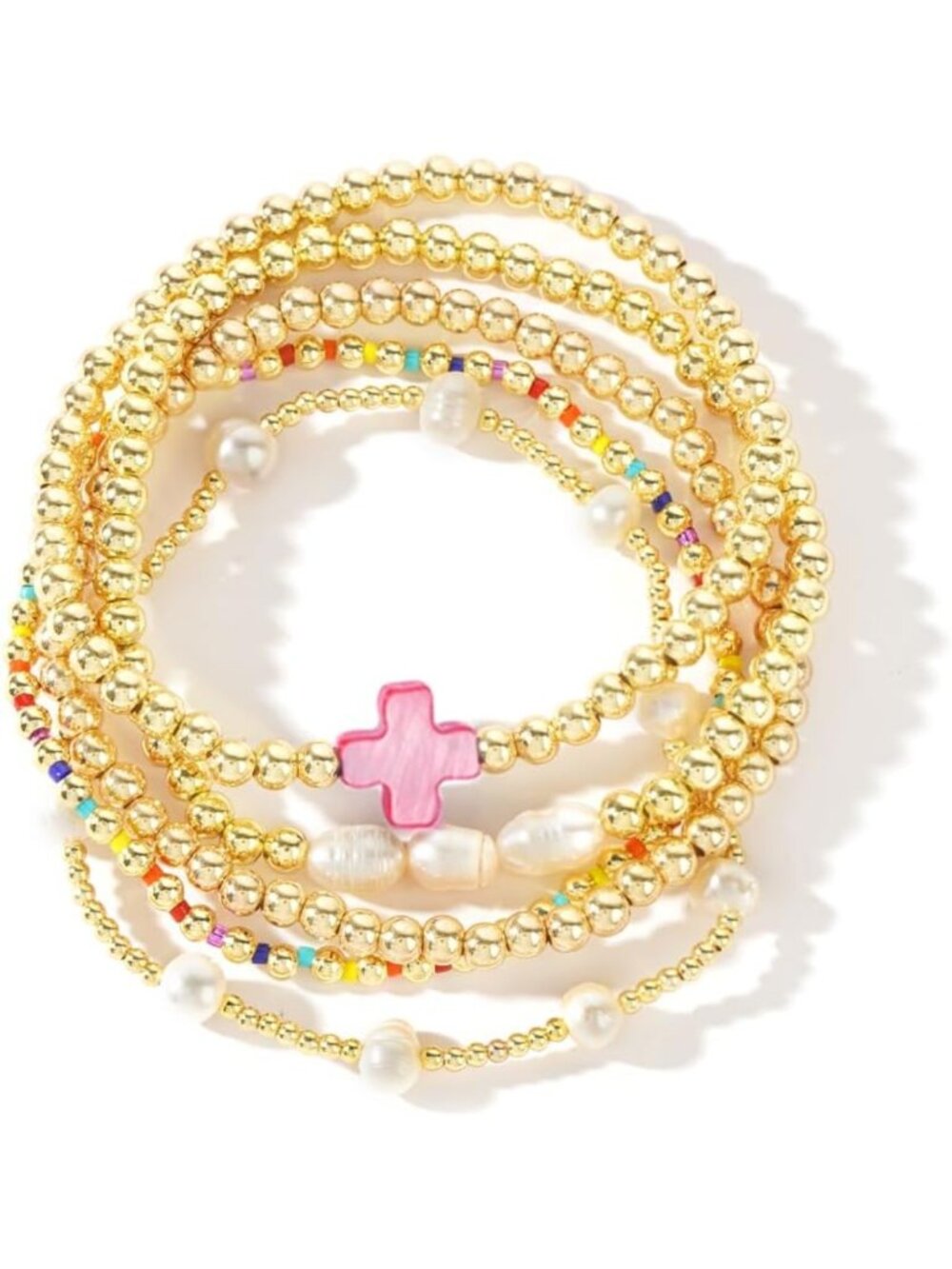 14K Gold Plated Pearl Beaded Cross Bracelets Set - Boho Colorful Stretch Jewelry